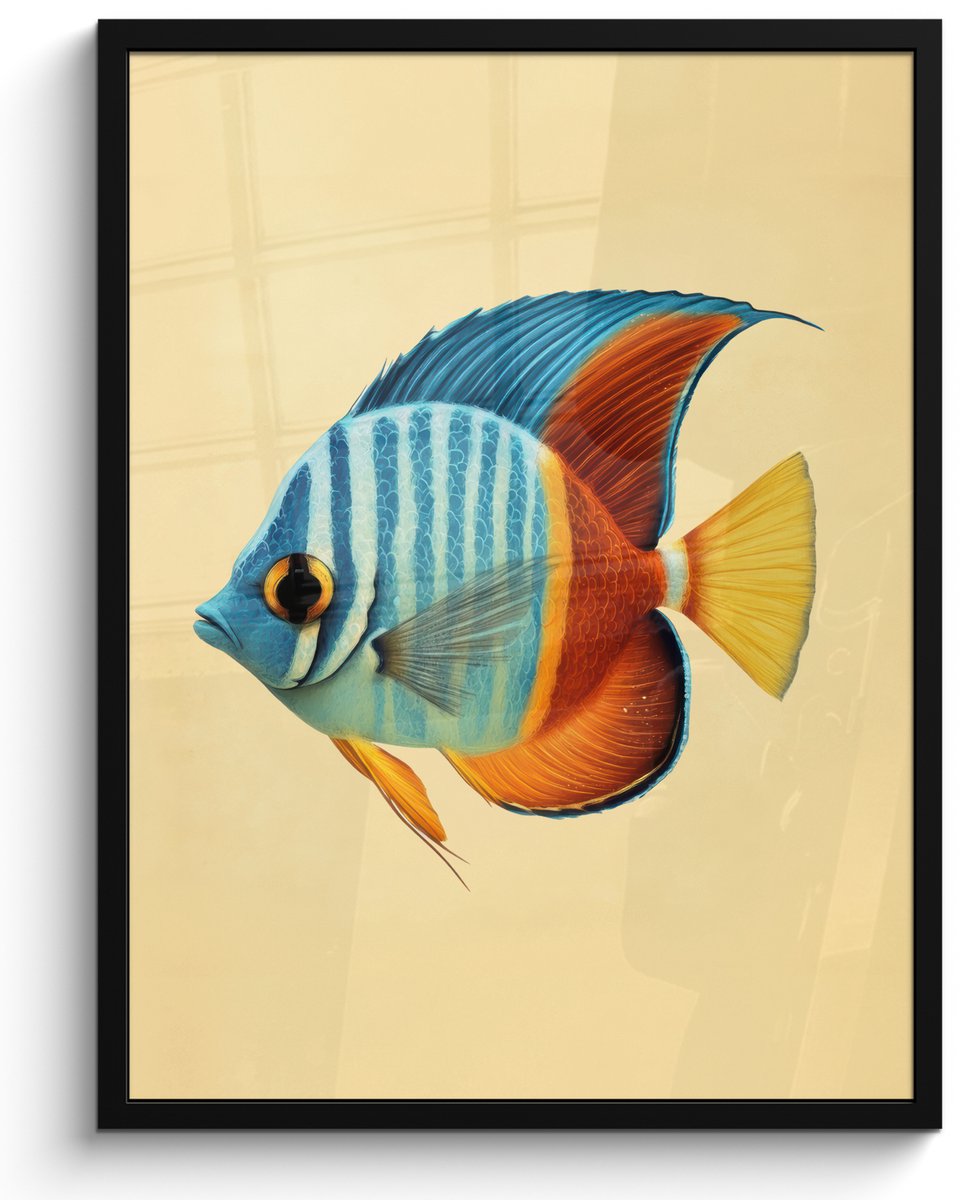 FrameYourWall Poster in lijst - Fotolijst 60x80 cm - Posters - Vis - Vinnen - Blauw - Ogen - Posterlijst zwart - Decoratie - Wanddecoratie woonkamer - Muurdecoratie slaapkamer