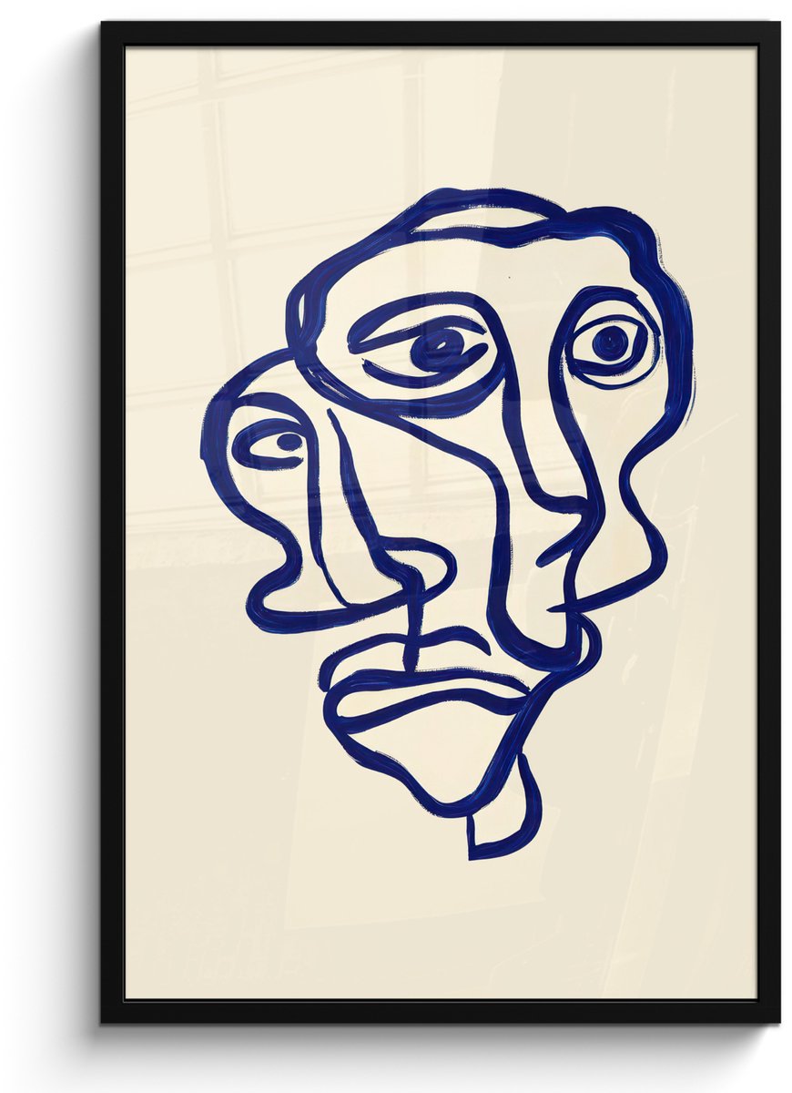 FrameYourWall Poster in lijst - Fotolijst 60x90 cm - Posters - Lijntekening - Overlappende gezichten - Donkerblauw - Posterlijst zwart - Decoratie - Wanddecoratie woonkamer - Muurdecoratie slaapkamer Overlappend - Gezichten