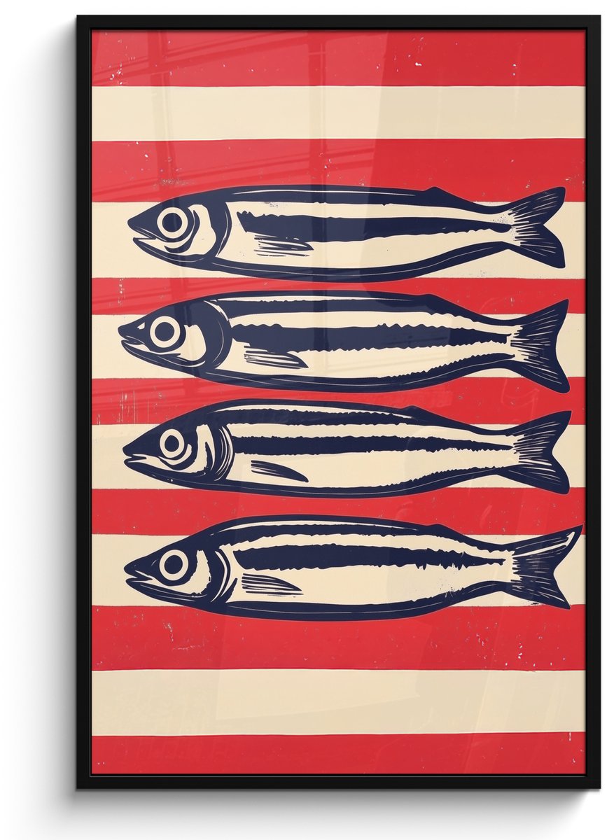 FrameYourWall Poster in lijst - Fotolijst 80x120 cm - Posters - Sardines - Rood en beige strepen - Posterlijst zwart - Decoratie - Wanddecoratie woonkamer - Muurdecoratie slaapkamer Sardines - Strepen