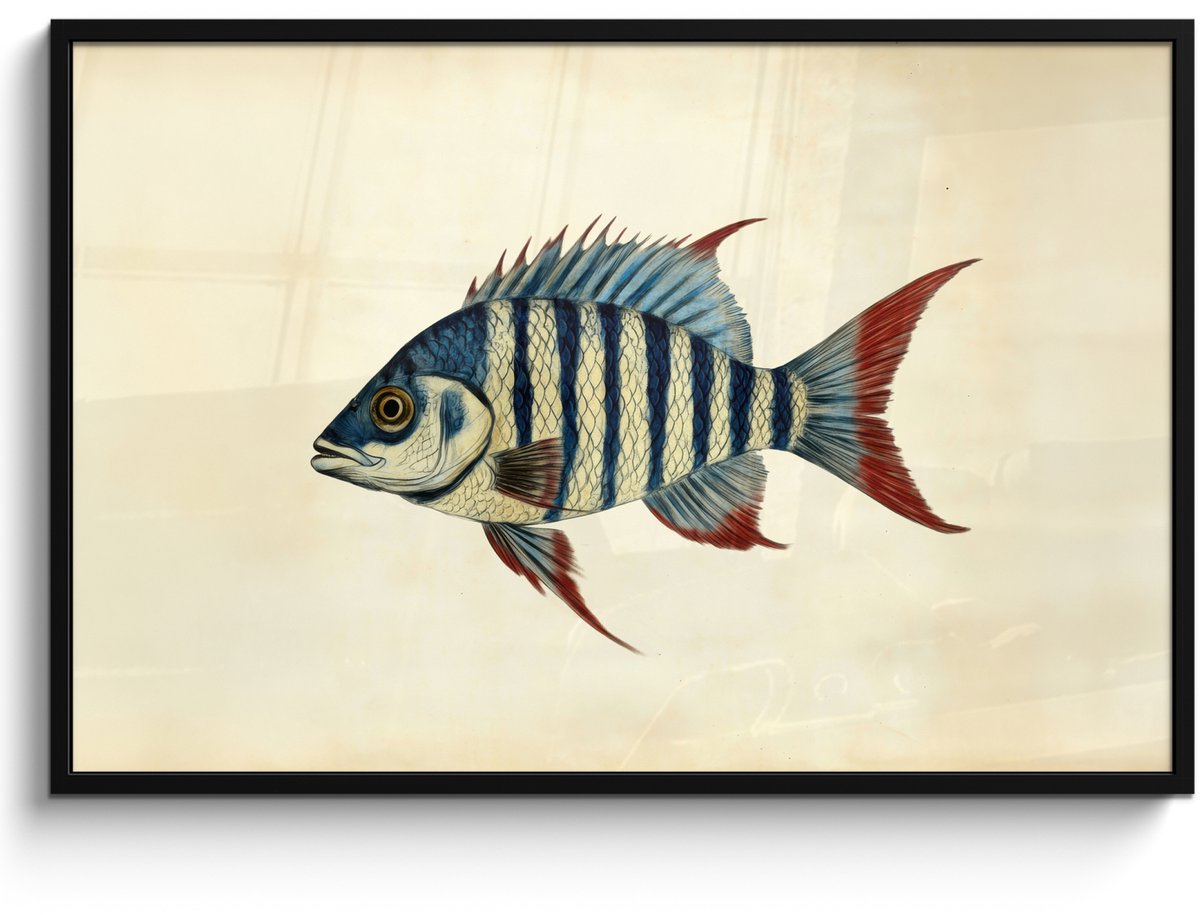 FrameYourWall Poster in lijst - Fotolijst 120x80 cm - Posters - Gestreept - Donkerblauw - Rugvin - Vis - Posterlijst zwart - Decoratie - Wanddecoratie woonkamer - Muurdecoratie slaapkamer Vis - Rugvin