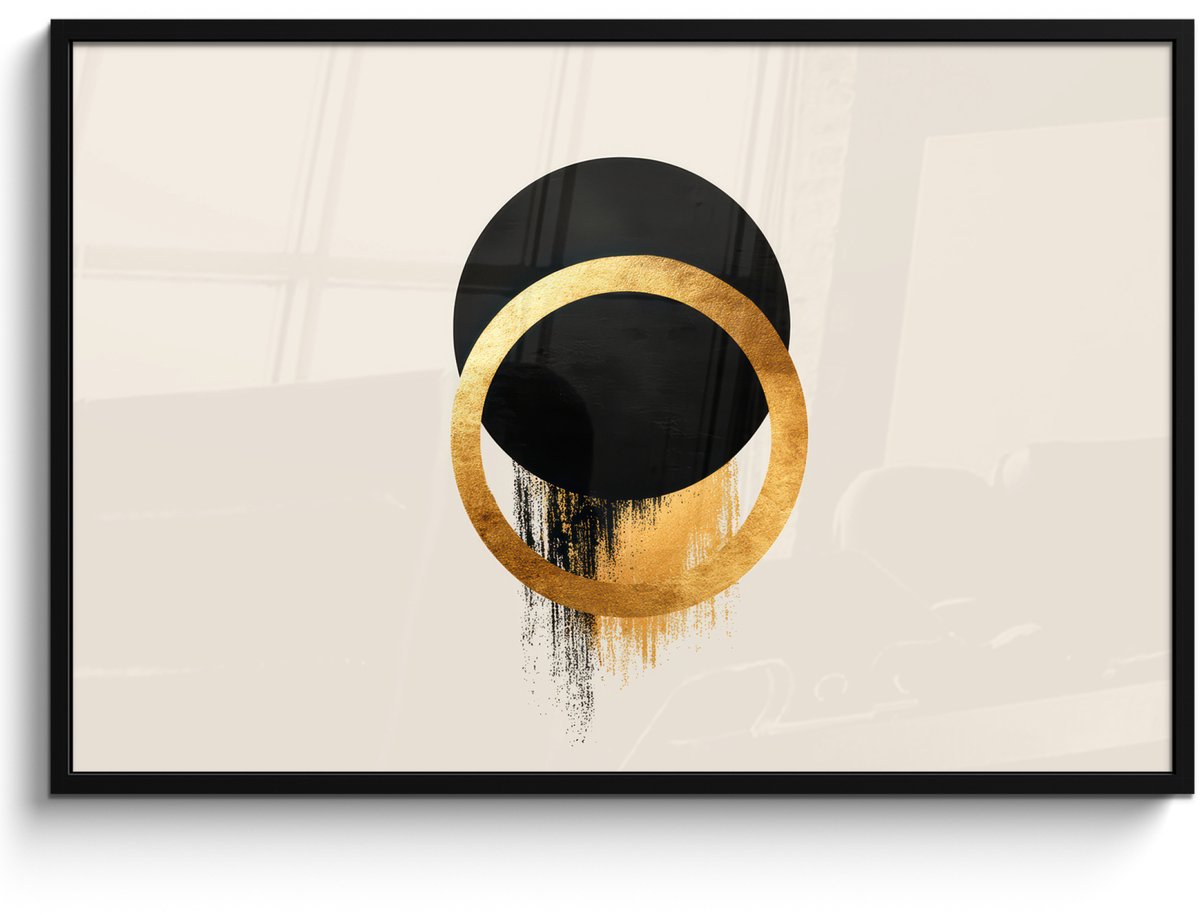 FrameYourWall Poster in lijst - Fotolijst 120x80 cm - Posters - Abstract ontwerp - Zwarte cirkel - Verfvlekken - Posterlijst zwart - Decoratie - Wanddecoratie woonkamer - Muurdecoratie slaapkamer Cirkels - Verfvlekken