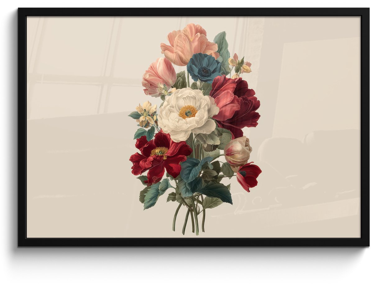 FrameYourWall Poster in lijst - Fotolijst 90x60 cm - Posters - Boeket - Warme tinten - Elegant - Posterlijst zwart - Decoratie - Wanddecoratie woonkamer - Muurdecoratie slaapkamer Boeket - Elegant