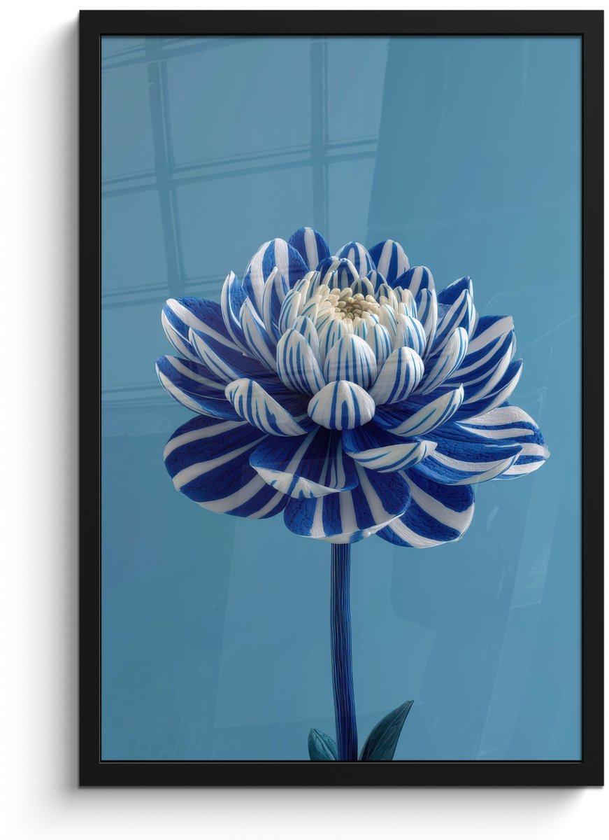 FrameYourWall Poster in lijst - Fotolijst 40x60 cm - Posters - Bloem - Blauw - Bloemblaadjes - Streepjes - Posterlijst zwart - Decoratie - Wanddecoratie woonkamer - Muurdecoratie slaapkamer