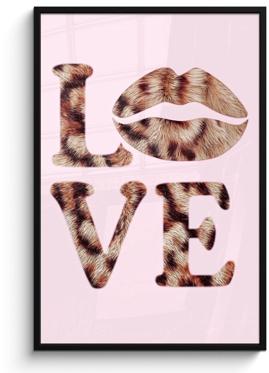 FrameYourWall Poster in lijst - Fotolijst 80x120 cm - Posters - Tekst - Love - Pantervacht - Lichtroze - Posterlijst zwart - Decoratie - Wanddecoratie woonkamer - Muurdecoratie slaapkamer