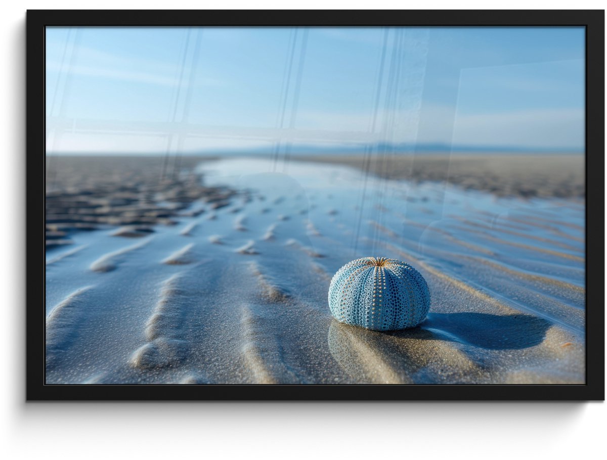 FrameYourWall Poster in lijst - Fotolijst 60x40 cm - Posters - Strand - Schild - Water - Blauw - Posterlijst zwart - Decoratie - Wanddecoratie woonkamer - Muurdecoratie slaapkamer Strand - Water