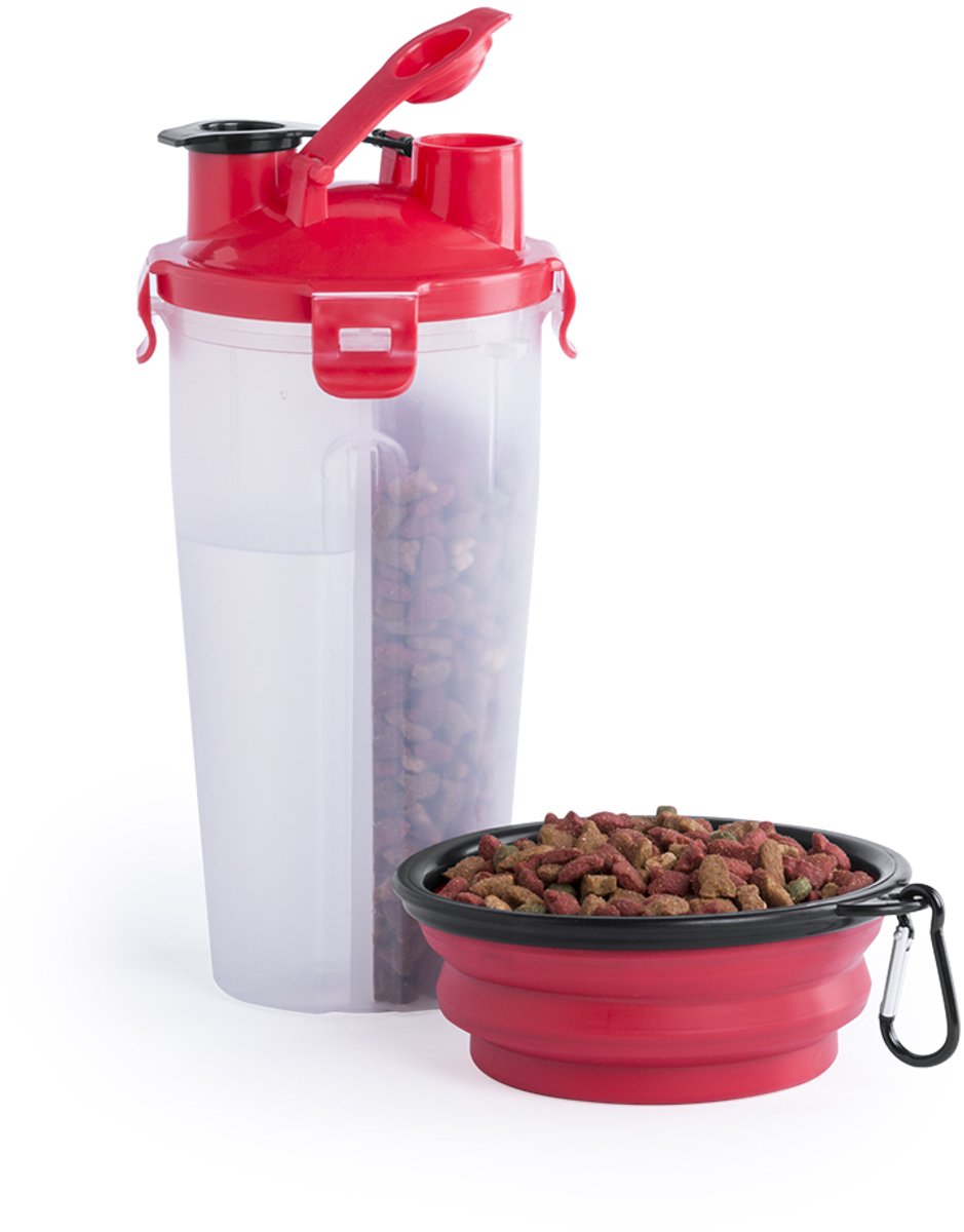 Bol.com Drinkfles voor dieren 900 ml – 2 compartimenten (water & voer) – Inclusief opvouwbare voerbak en karabijnhaak aanbieding