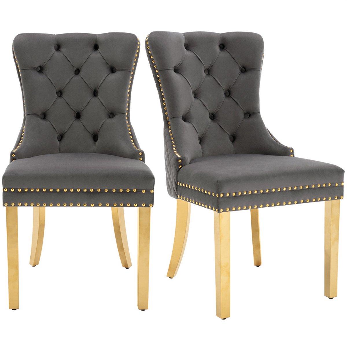 YEHTOKHOME Set van 2 Fluwelen eetkamerstoelen, Keukenstoel woonkamerstoel met deurklopper, Gestoffeerde stoel met klinknagels, Eetkamerstoel in vintage stijl, Gouden metalen poten, Grijs, b 51 x d 65.5 x h 95 cm