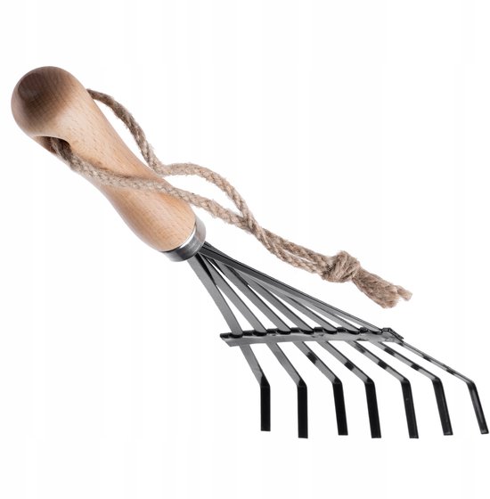 KADAX Kleine hark van metaal, hark met steel van hout, bladhark, bladhark, gazonhark voor tuin, hark, handhark, kleine waaierbezem (7 tanden, zwart, zwart) van Merkloos	 — afbeelding 5