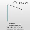 Verpakking van een BASEY. premium screenprotector met iconen voor transparantie, krasbestendigheid en waterbestendigheid.