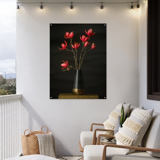 Tuinposter 90x120 cm - Tuindecoratie Rode - Bloemen - Vaas - Poster voor in de tuin - Buiten decoratie - Schutting tuinschilderij - Tuindoek muurdecoratie - Wanddecoratie balkondoek