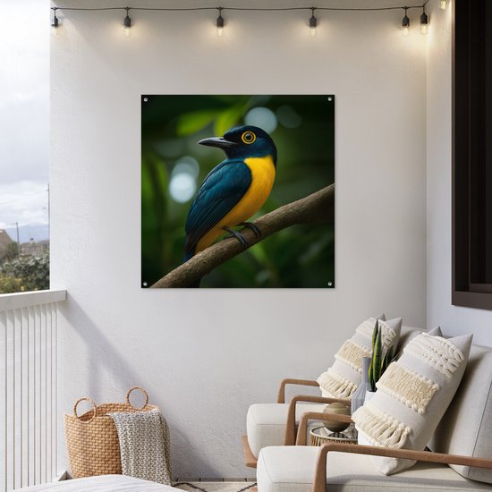 Affiche de jardin 100x100 cm - Décoration de jardin Vogel - Branche - Jaune - Feuilles - Affiche pour le jardin - Décoration extérieure - Tableau de jardin clôture - Décoration murale sur toile de jardin - Décoration murale sur toile de balcon