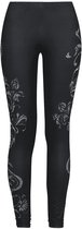 Zwarte legging met witte bloemenornamenten op de voorkant van de benen.