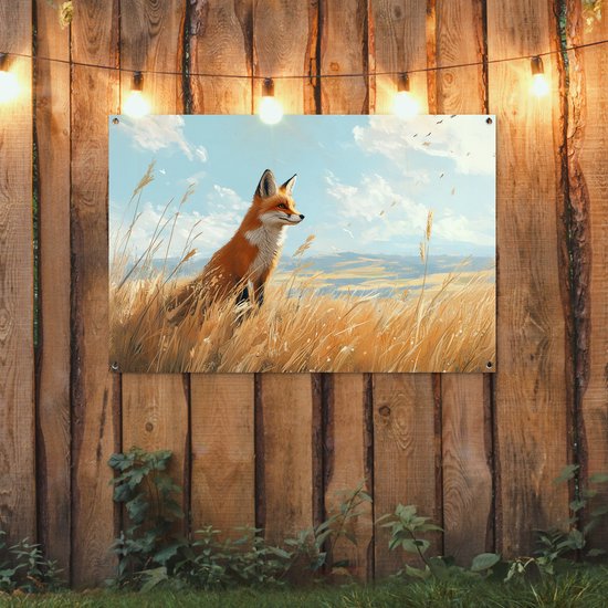 Affiche de jardin 120x80 cm - Décoration de jardin Renard - Herbe - Nuages ​​- Oranje - Affiche pour le jardin - Décoration extérieure - Tableau de jardin clôture - Décoration murale en tissu de jardin - Décoration murale en tissu de balcon