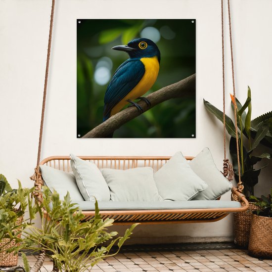 Affiche de jardin 100x100 cm - Décoration de jardin Vogel - Branche - Jaune - Feuilles - Affiche pour le jardin - Décoration extérieure - Tableau de jardin clôture - Décoration murale sur toile de jardin - Décoration murale sur toile de balcon