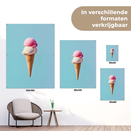 Affiche de jardin 60x80 cm - Décoration de jardin Boules - Glace - Cône - Blauw - Affiche pour le jardin - Décoration extérieure - Tableau de jardin clôture - Décoration murale sur toile de jardin - Décoration murale sur toile de balcon