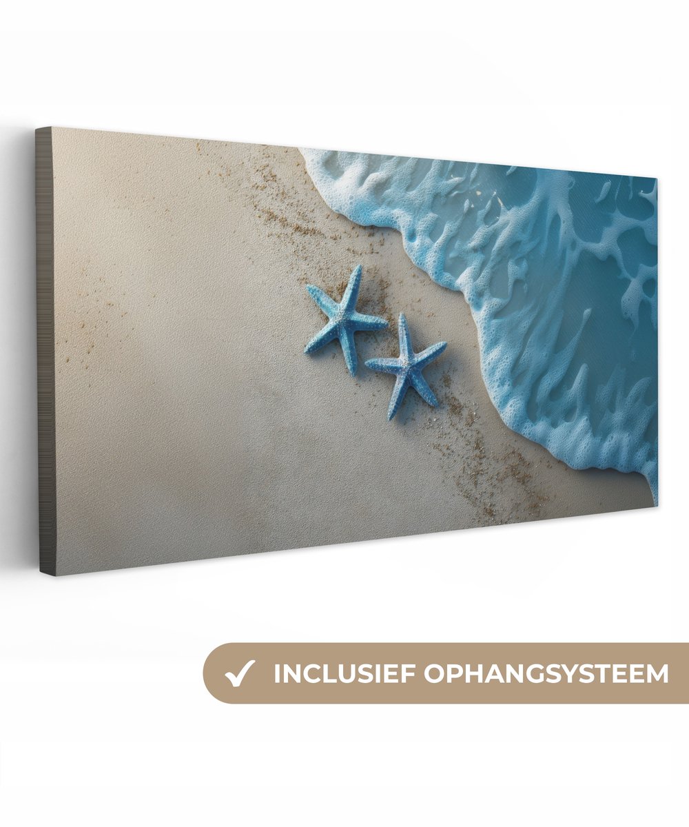 Canvas schilderij 40x20 cm - Exclusieve wanddecoratie Zeesterren - Zand - Zee - Blauw - Mu