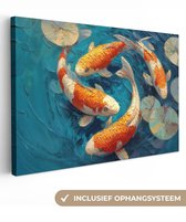 Canvas schilderij 120x80 cm - Wanddecoratie Vissen - Waterlelies - Oranje - Water - Muurdecoratie woonkamer - Slaapkamer decoratie - Kamer accessoires - Schilderijen op canvas