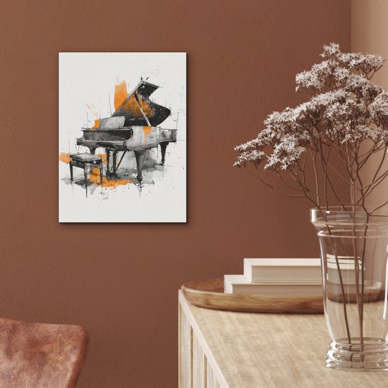 Akoestisch wandpaneel 30x40 cm - Vilt schilderij Piano - Oranje - Zwart - schets lijnen - Akoestische panelen - Geluidsdempende wanddecoratie - Geluidsisolatie woonkamer - Muurdecoratie geluidspanelen