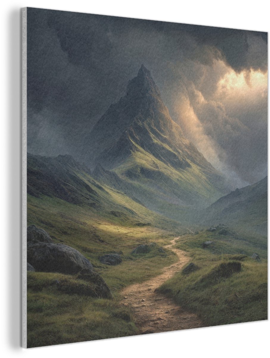 Akoestisch wandpaneel 80x80 cm - Vilt schilderij Bergen - Kronkelpad - Groen - Wolken - Akoestische panelen - Geluidsdempende wanddecoratie - Geluidsisolatie woonkamer - Muurdecoratie geluidspanelen