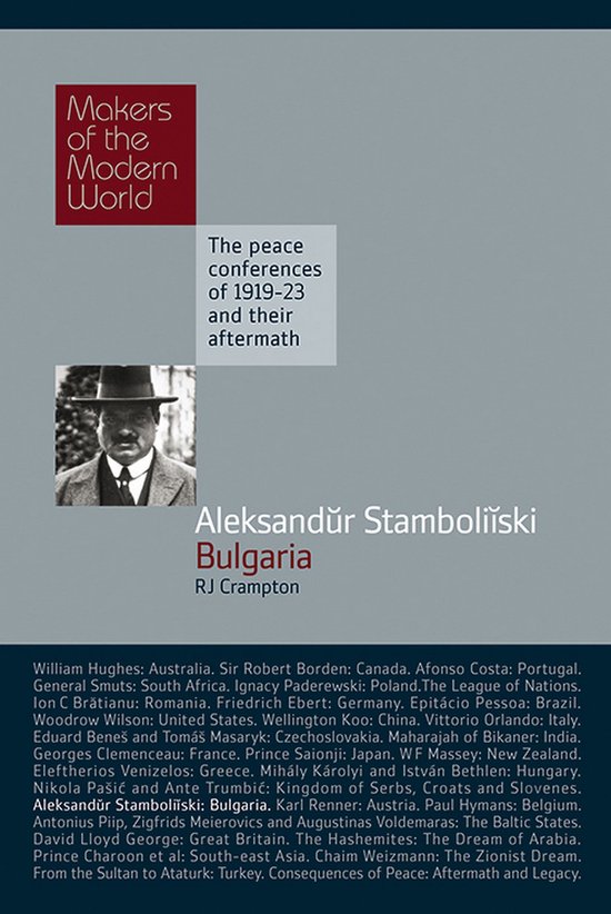 Une photo noir et blanc d'Aleksandŭr Stamboliiski en costume et chapeau, avec le titre 'Makers of the Modern World'.