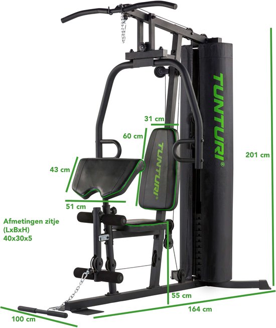 Home gym krachtstation met afmetingen in cm: 164x100x201.