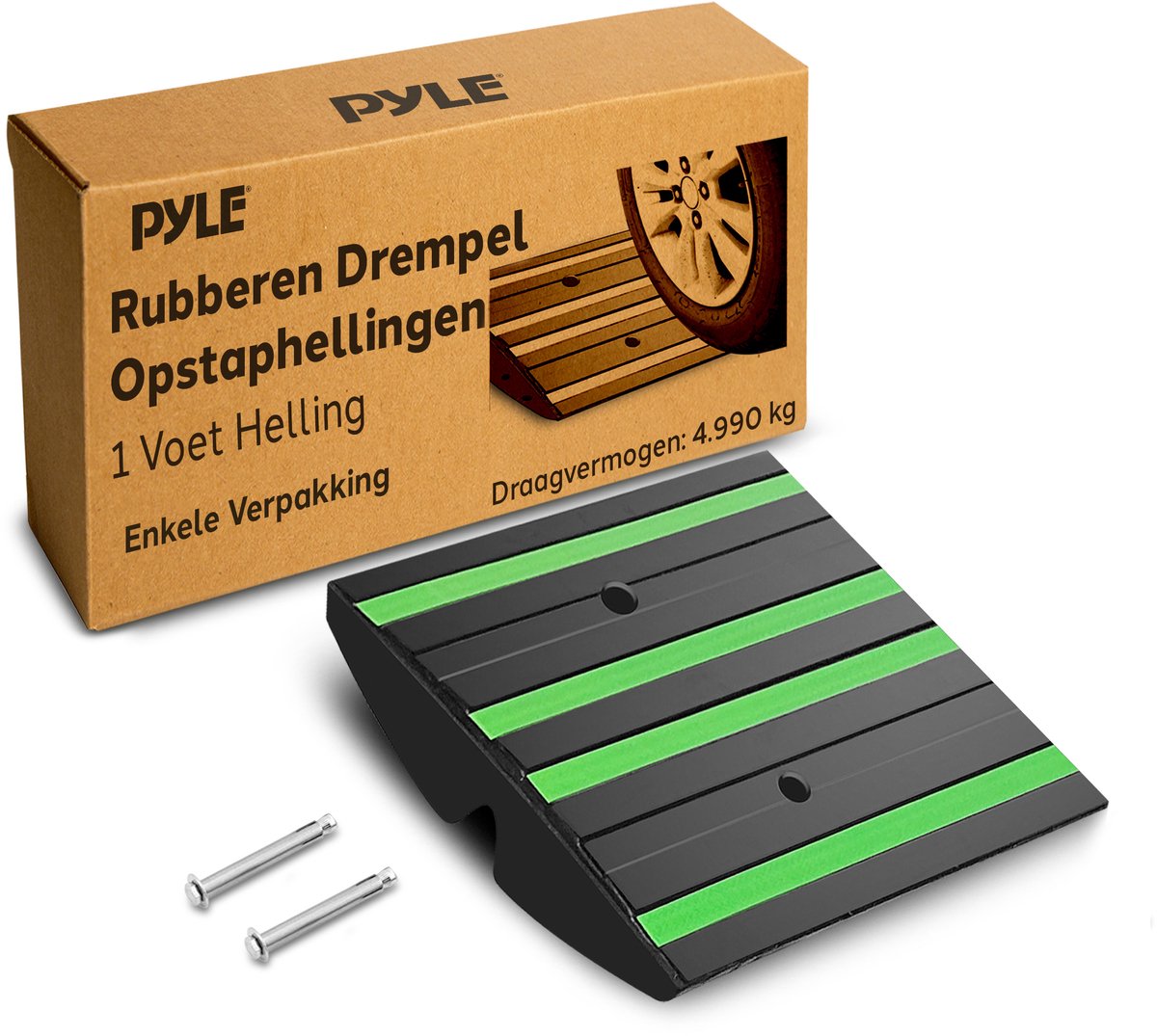 Pyle Drempel Oprijplaat - Zware Antisliprubber, Rubberen Groene Reflecterende Strips - Ideaal voor Opritten, Trottoirs en Voertuigoprijplaten
