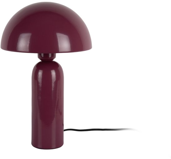 Lampe de table violette avec un abat-jour rond et une base cylindrique sur fond blanc.