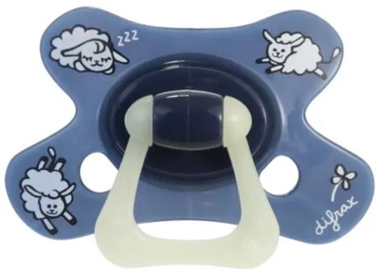 Donkerblauwe Difrax fopspeen met witte schaapjes en 'zzz' print. Met lichtgevende ring.