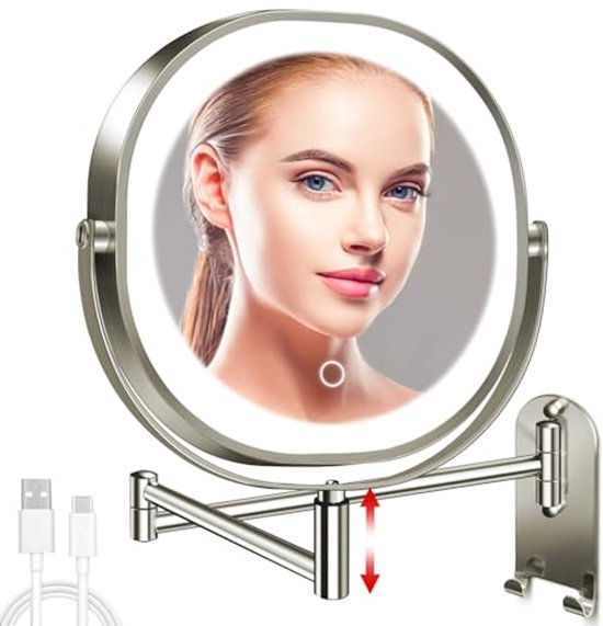 JANEEVA 20,3 cm Wand Make up Spiegel, 1X/10 facher Vergrößerungsspiegel mit 360° ausziehbarem Arm, doppelseitiger Schminkspiegel für Damen und Herren (gebürstetes Nickel