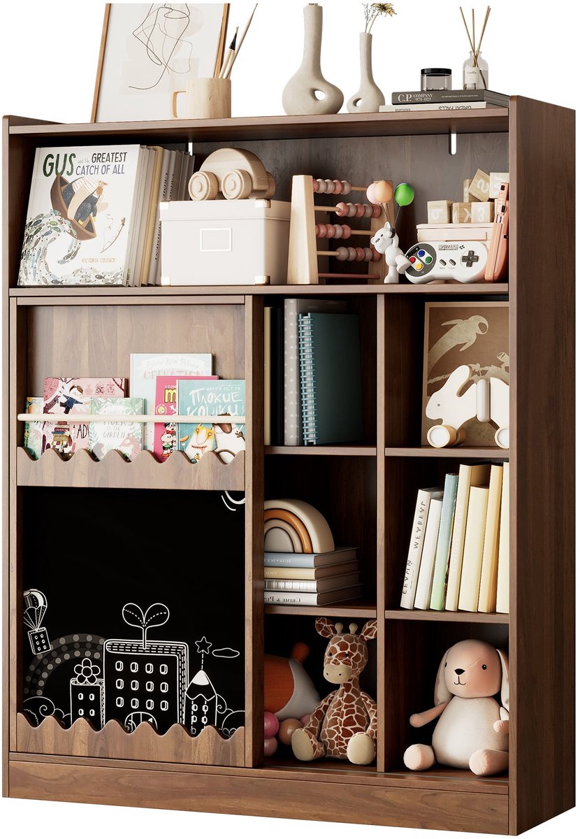 Merax Boekenkast met Krijtbord en Schuifdeuren - Kinder Boekenkast met 9 Open Vakken en Grote Opbergruimte - MDF - Notenhoutkleur - 120x38.5x151.5 cm