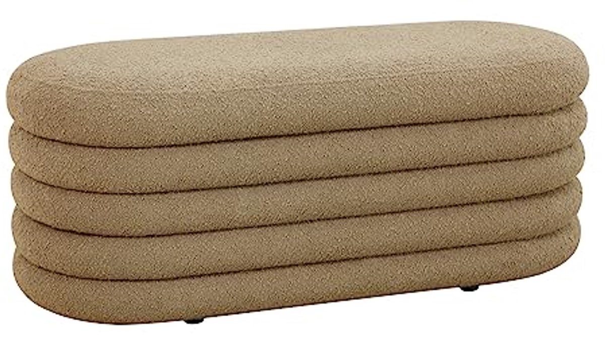 XL Poef met Opbergruimte en Boucle Look in Lichtbruin - Veelzijdige Hocker en Zitbank
