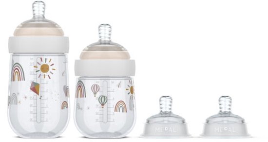 Mepal Mio Starterset babyflessen 3-delig - Anti-koliek - Spiraalontwerp voorkomt verstopping - Siliconen van medische kwaliteit - Sunshine & Rainbow