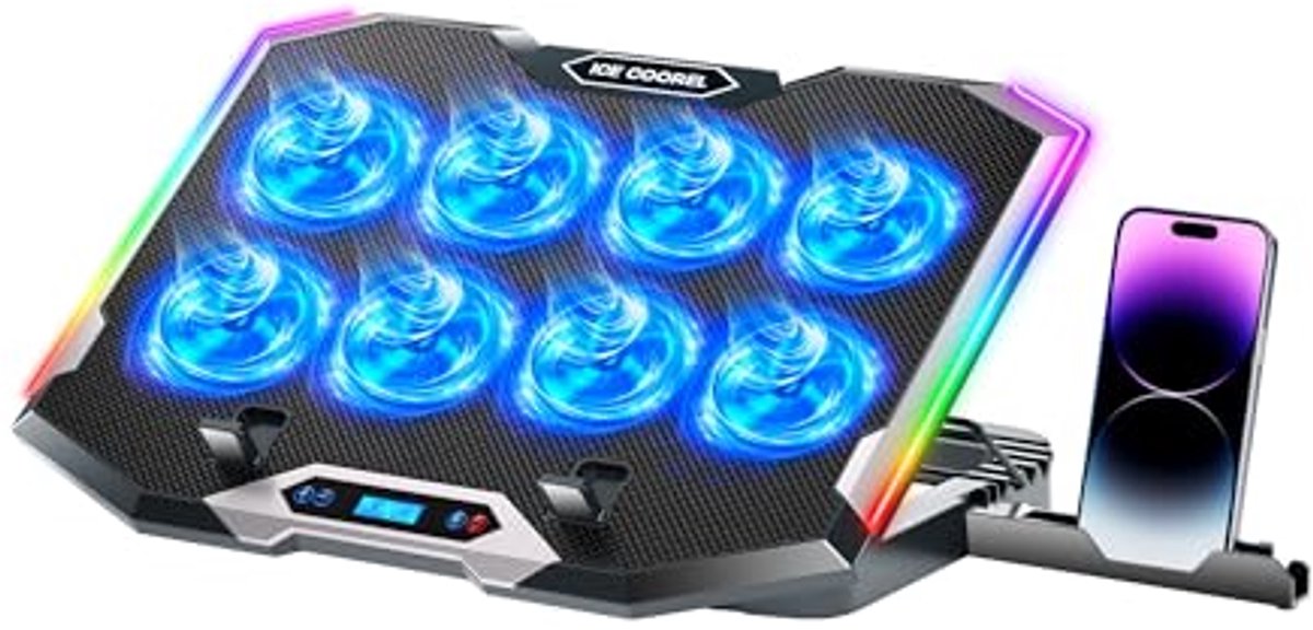 Gaming Laptop Koelpad met 8 Ventilatoren voor 15-17,3 Inch, In hoogte Verstelbaar RGB-koelstandaard met USB-poorten