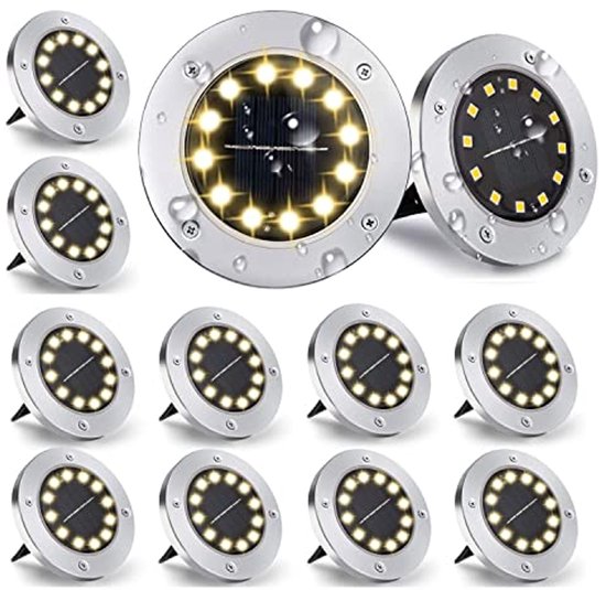 Quntis IP68 Vloerlampen op zonne-energie, voor buiten, 4 stuks, aluminium, warmwit/koudwit, 20 ton belastbaar, waterdichte zonnelampen voor tuin, pad, garage, erf
