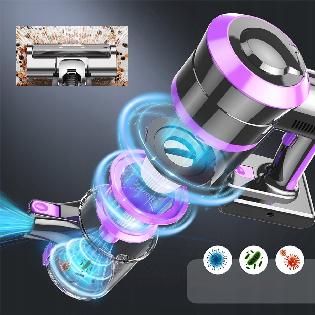 Handstofzuiger met steel - Draadloze Steelstofzuiger - 400W Draadloze Stofzuiger - Stofzuiger - 30kPa Zuigkracht & 55 Min Runtijd - Met LED Scherm & Anti-tangler Borstel - Voor Dierenharen & Hele Huis - Krachtig & Stil – foto 4