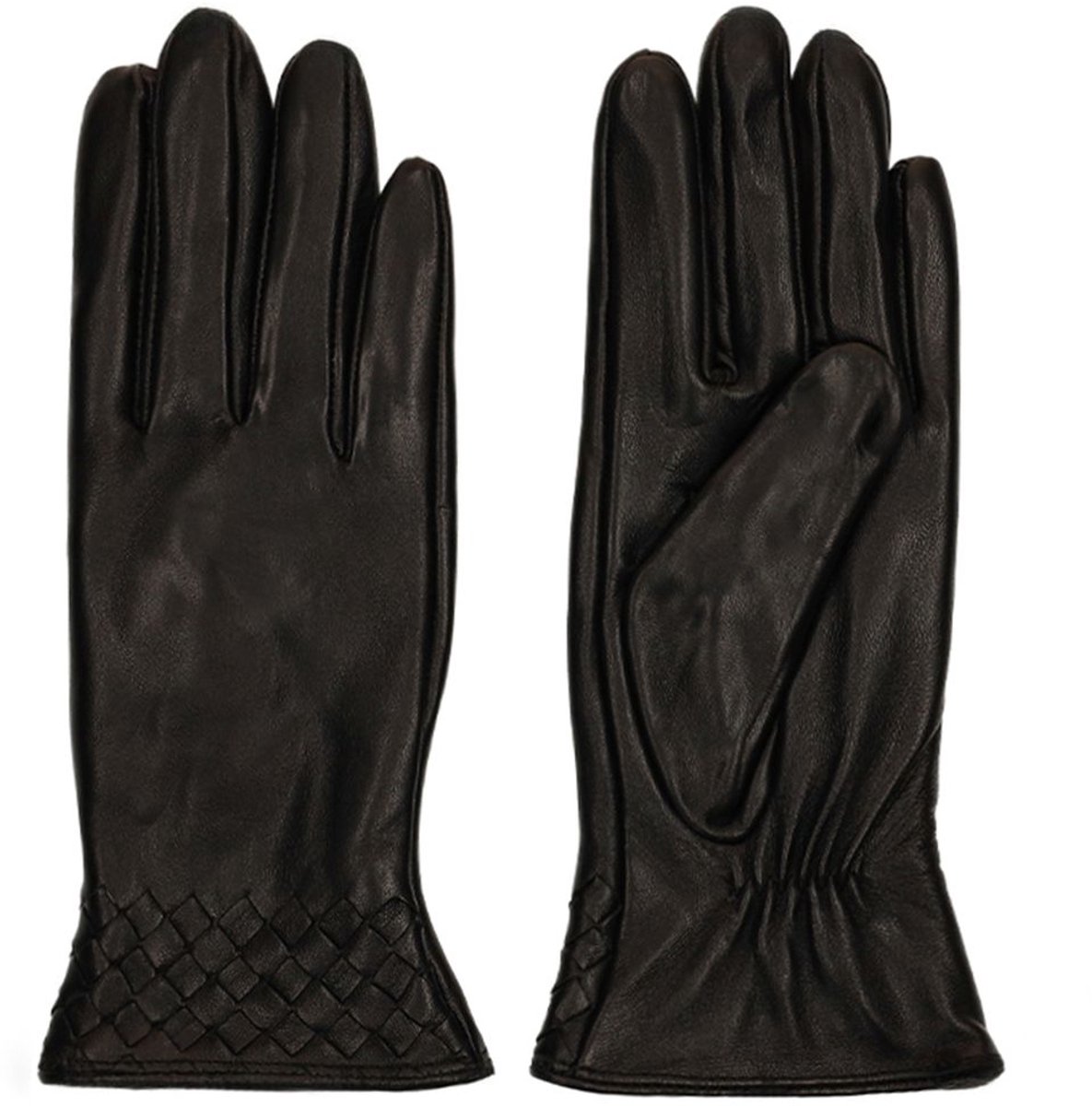 Manfield - Dames - Zwarte leren handschoenen met gevlochten details - Maat L