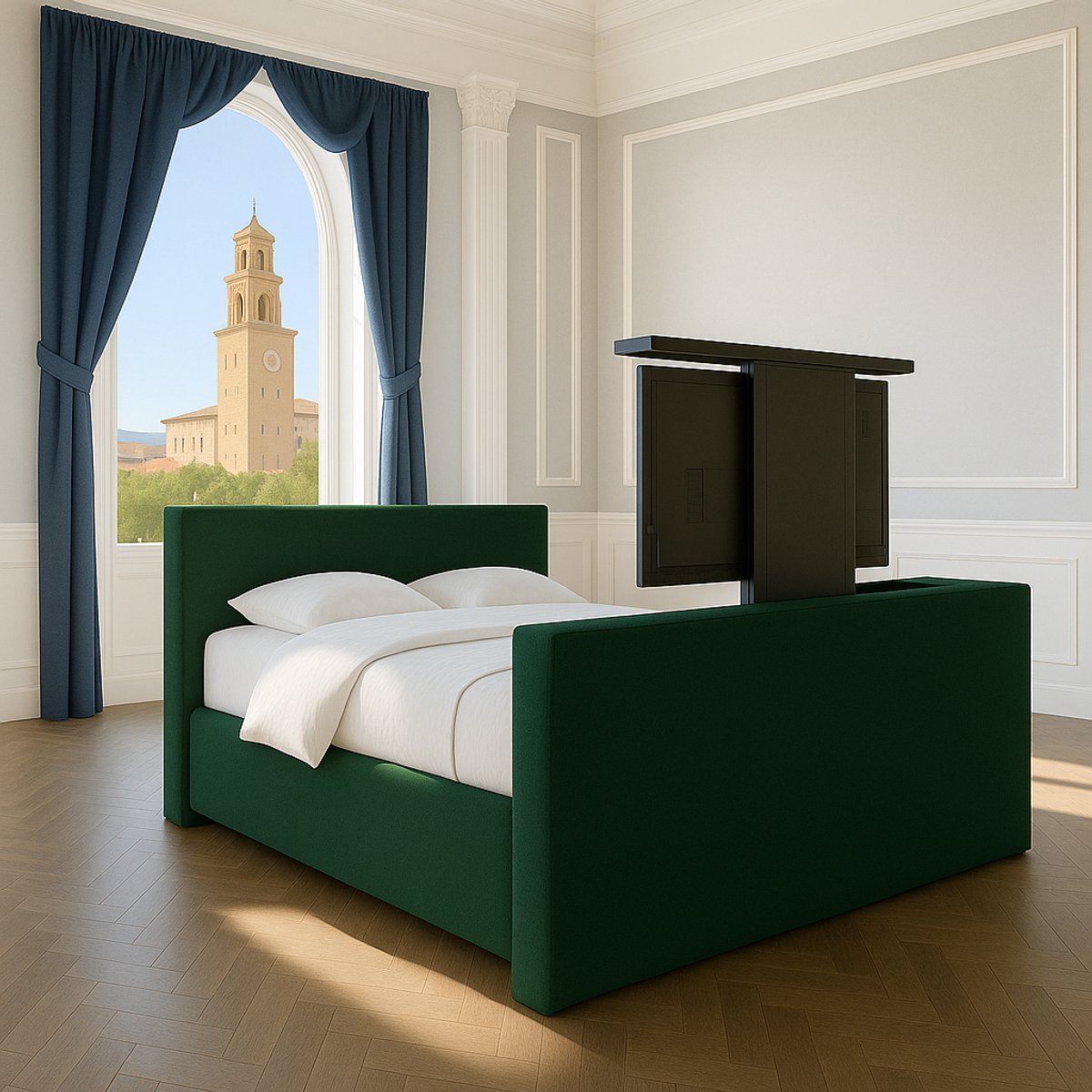 Boxspring met TV-lift Monza Luxe pocketvering Stof met Gratis 2x Hoofdkussens 160x190 cm donkergroen