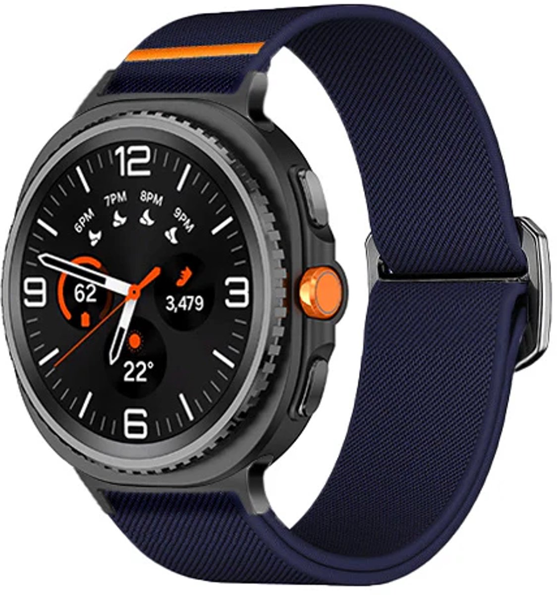 Strap-it Elastisch nylon bandje met klemsluiting - geschikt voor Samsung Galaxy Watch 8 - 40mm / Galaxy Watch 8 - 44mm / Galaxy Watch 8 Classic (donkerblauw)
