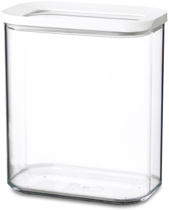 Boîte de conservation Mepal Modula transparente et rectangulaire avec un couvercle blanc.