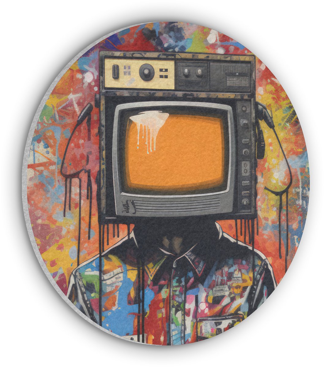 Akoestisch wandpaneel rond 80x80 cm - Vilt schilderij Televisie - Graffiti - Mens - Kleuren - Ronde akoestische panelen - Geluidsdempende wanddecoratie - Geluidsisolatie wandcirkel - Muurdecoratie geluidspanelen