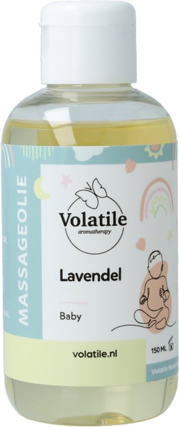 Fles met gele massageolie, label met 'Massagolie Lavendel Baby' en babypictogram.