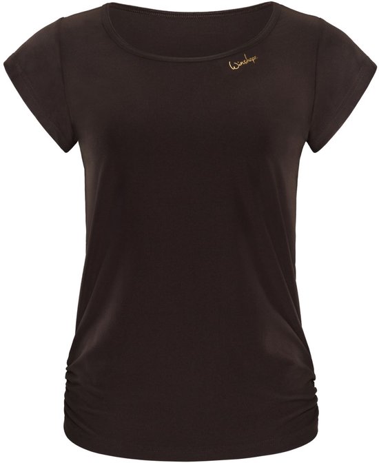 Donkerbruin shirt met korte mouwen en ruches aan de zijkanten. Een klein gouden logo is op de linkerborst geborduurd.