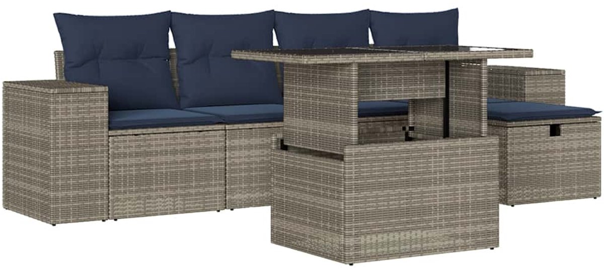 vidaXL - 6-delige - tuinbankset - met - kussens, - grijs - polyrotan