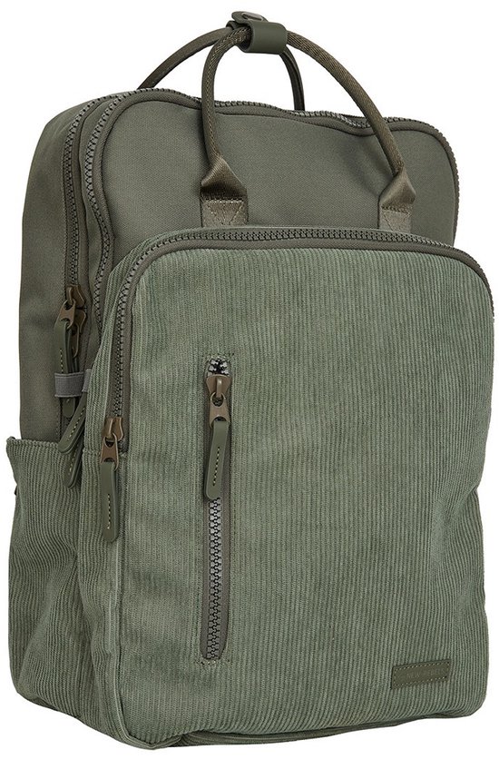 Groene rugzak van corduroy met een ritsvak aan de voorkant.