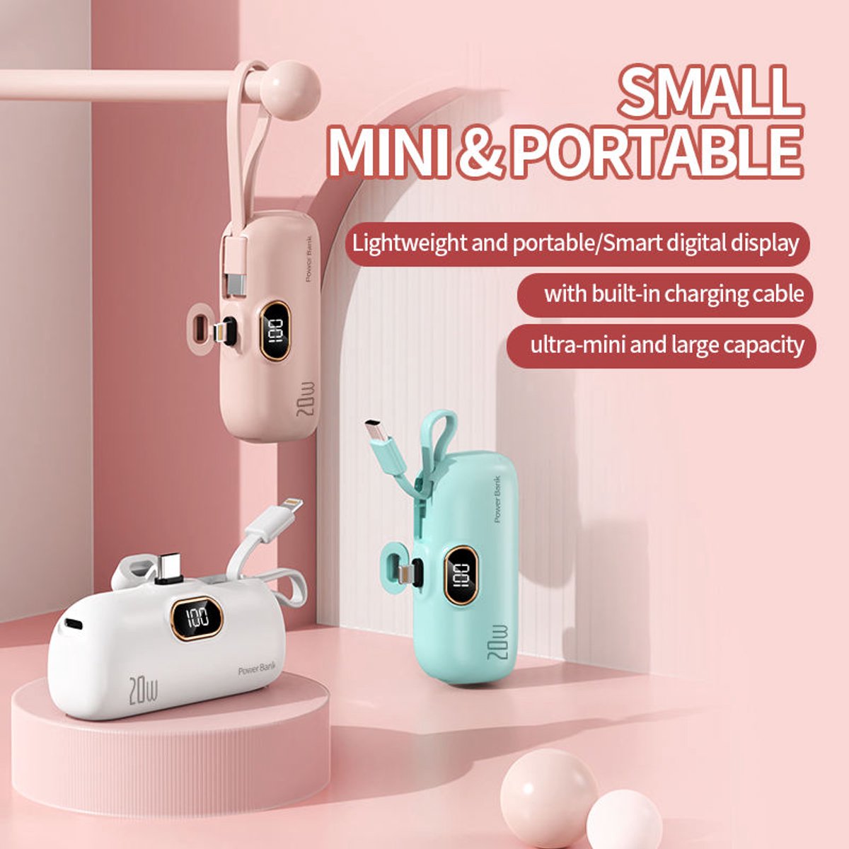 Premium Mini Powerbank 10.000 mAh met Geïntegreerde Kabel - afbeelding 2