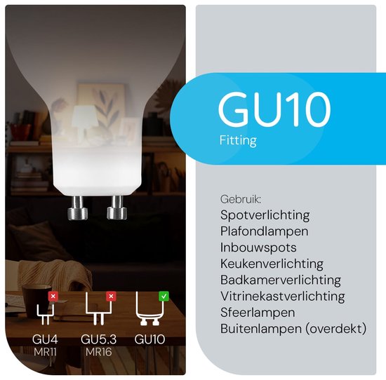GU10 fitting. Gebruik voor spotverlichting, plafondlampen, inbouwspots, badkamer-, keuken- en vitrinekastverlichting, sfeer- en buitenlampen.