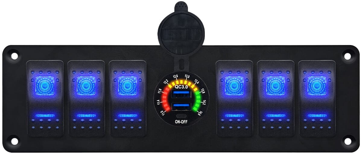 ProRide Schakelpaneel 12V voor Auto/Boot - USB Stopcontact 2 Poorten met Schakelaar/Voltmeter - QC3.0 - 6 schakelaars