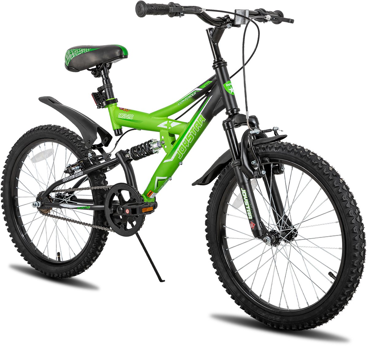 Joystar Contender Full Suspension Kinder Mountainbike - 20" - Handrem - Rem - Bel - Spatborden - Groen - Geschikt voor buitenactiviteiten in de lente
