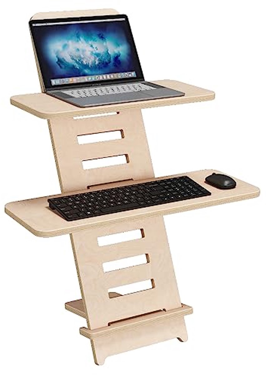 In hoogte verstelbaar staand bureau met houten standaard