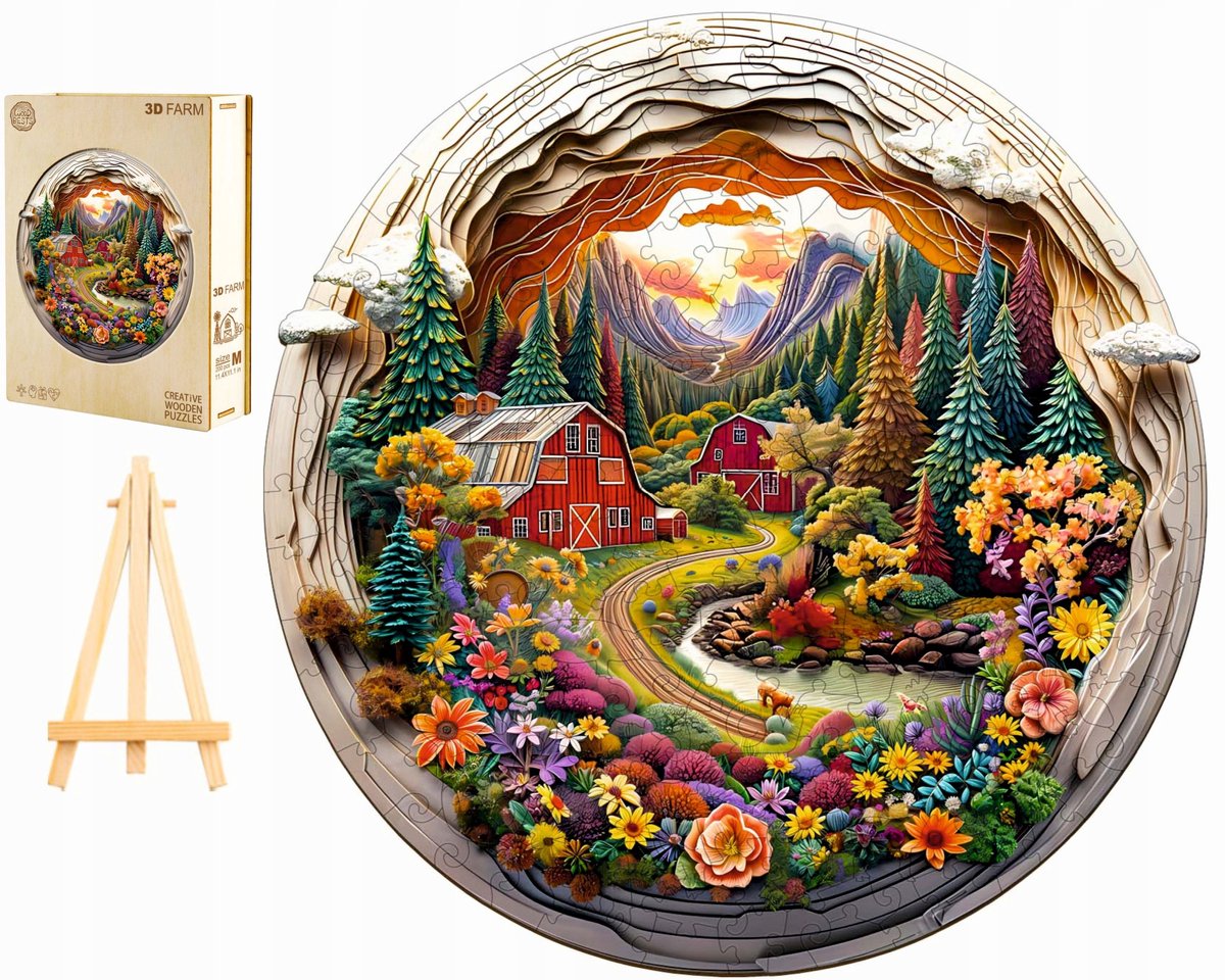 Houten Puzzel Boerderij in de Bergen 3D - 290 Stukjes in Houten Kist